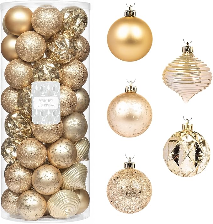 Every Day is Christmas Ornaments, Shatterproof Christmas Tree Ornament Set, Christmas Balls Decoration 50 Count (2.24"/57mm, New Gold)