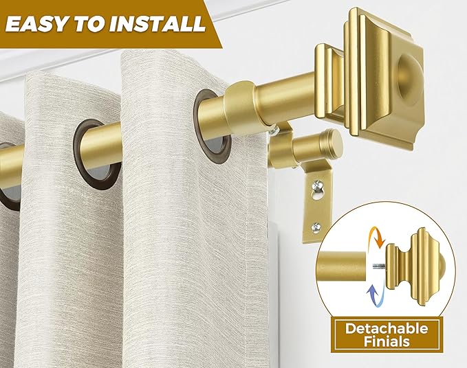 KAMANINA 1 Inch Double Curtain Rods 72 to 144 Inches (6-12 Feet) Telescoping Gold Curtain Rod for Windows 69 to 140 Inches, Long Drapery Rods with Square Finials