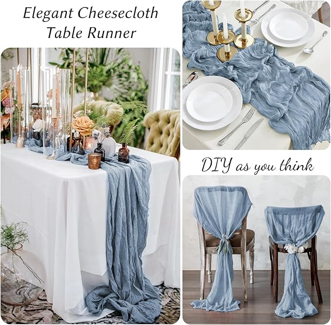10 Pack Dusty Blue Cheesecloth Table Runner,10FT/120 Inch Boho Gauze Fabric Table Runner,Rustic Sheer Blue Cheese Cloth Runner Bulk for Wedding,Bridal Baby Shower,Birthday Party,Holiday Table Decor