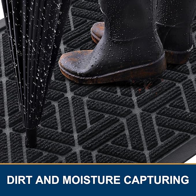 Smiry Front Door Mat Outside Entrance, Heavy Duty Sturdy Natural Rubber Doormat, Trap Dirt and Moisture, Easy Clean Low Profile Mats for Indoor Outdoor Entry, Grid Geometric (35x23, Black)