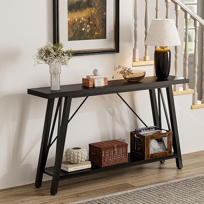 GAZHOME Console Table with Storage Shelf - Industrial Style Sofa Table Behind Couch for Living Room & Entryway, Black,53.1 Inch