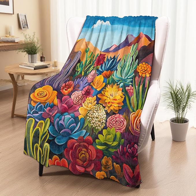 Bloom Succulents and Cacti Blanket, Cozy Plush Throw Blanket for Couch Bedroom Outdoor, Lightweight Soft Flannel Travel Blankets, Gifts for Women Adults Kids, Warm Decor 60"×80"