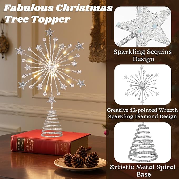 Lewondr Christmas Tree Topper, 13'' Metal Twinkly Xmas Starburst Tree Topper with 20 LED Bulbs, USB Powered Lighted Star Treetop for Christmas Ornament, Remote Control, 6H Timer, 8 Light Modes, Silver