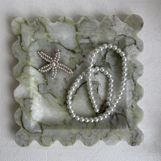 Vintage Natural Marble Tray Small Ornaments Scalloped Tray Handmade Storage Dish for Counter, Vanity, Dresser, Nightstand and Desk (Green Emerald)