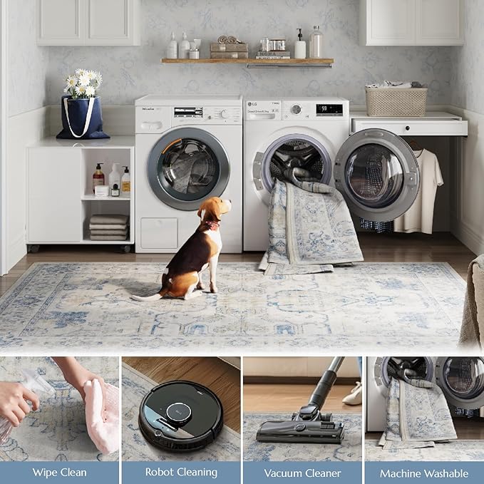 jinchan 2x3 Washable Rug for Entryway - Vintage Floral Ultra-Thin Low Pile Soft Small Non-Slip Distressed Indoor Doormat Accent Rug for Entrance Kitchen Bathroom Bedroom (2x3ft, Blue)