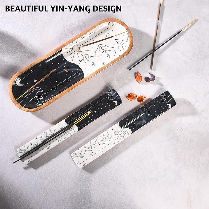Folkulture Set of 2 Incense Holder or Incense Burner for Insence Sticks, Insence Burner Holder or Ash Catcher, Inscent Tray or Wooden Insense Stick Holders, Mango Wood, Yin Yang