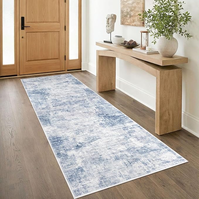 IOHOUZE Abstract Runner Rug 3x8 Ft Washable Runners for Hallways, Non Slip Kitchen Runner Printed Faux Wool Entryway Runner Indoor, Modern Abstract Floor Carpet for Hall Bedroom, Light Blue White
