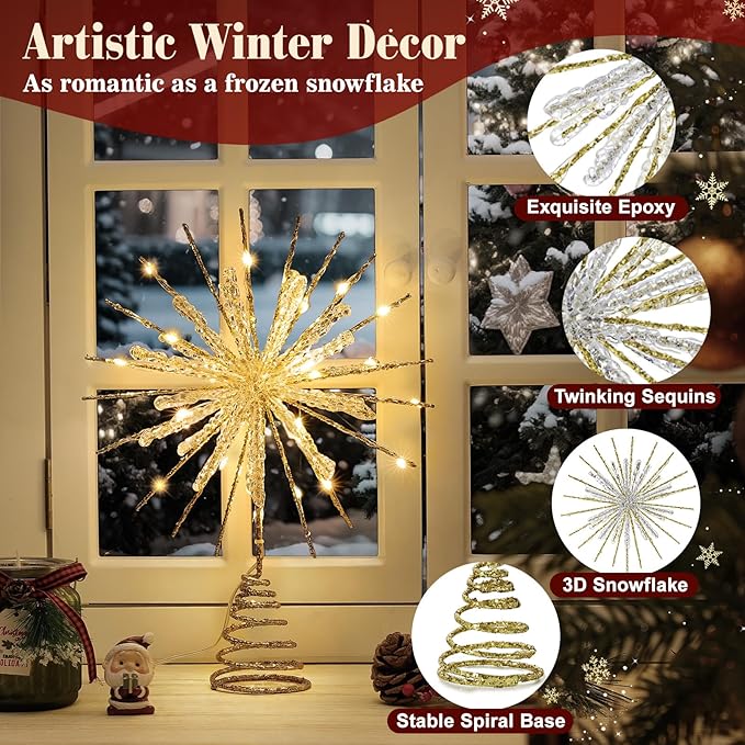 Lewondr Christmas Snowflake Tree Topper, 12.2 in 30 LED Xmas Tree Topper with Glittered Epoxy, Remote & USB Powered Snowflake Treetop, Xmas Home Decor for Party, 6H Timer & 8 Modes, Warm Light, Gold