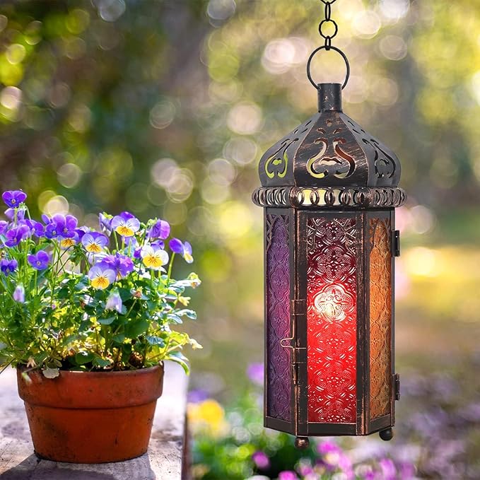 DECORKEY Ramadan Decorations, Candle Lanterns Decorative Indoor & Outdoor, 14.4'' Vintage Moroccan Hanging Lantern with 6 Colors Glass, Metal Candle Holder for Home Front Porch Patio Decor
