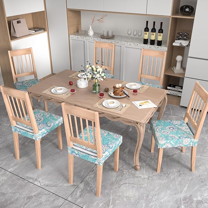 Stretch Dining Chair Seat Covers Set of 6,Dining Chair Slipcovers, Floral Printed Chair Covers,Soft Fabric Washable Upholstered Chair Seat Protector, No Rear Covers for Home Kitchen Dining Room