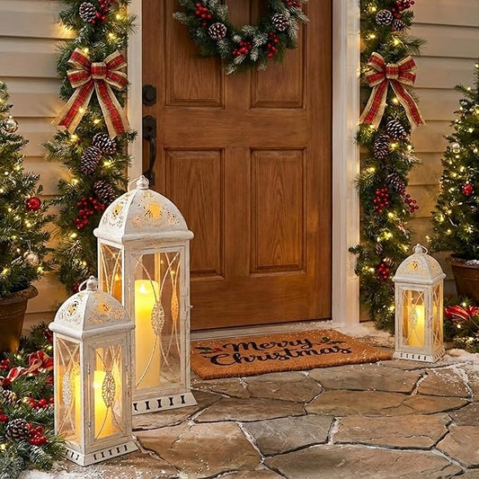 TRIROCKS Set of 3 Large Decorative Candle Lanterns 22''&16"&11" H Vintage Candle Holders for Garden Yard Patio Wedding Parties Events Christmas Indoors Outdoors(Beige with Gold Brush)