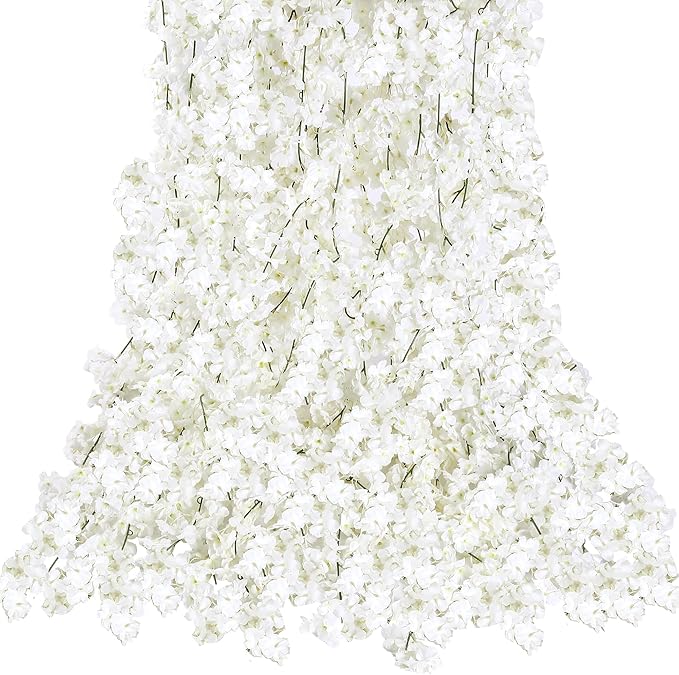 Sggvecsy Cherry Blossom Garland Artificial Cherry Flower Vines 4 Pack Hanging Silk Flowers Garland for Home Wedding Garden Party Arch Office Decor (White)