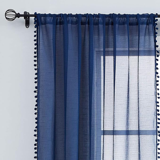 Treatmentex Pom-Pom Navy-Blue Sheer Curtains for Bedroom Windows 84inches Long Linen Textured Look Sheer Drapes for Living Room 52" w x 2Pack