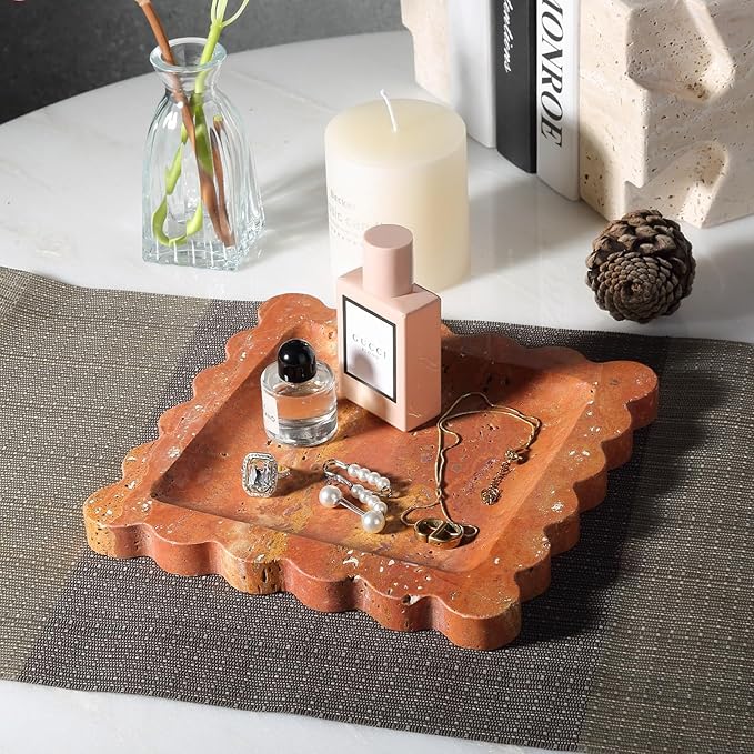 Travertine Decorative Tray, 7.8in Marble Vanity Tray with Scalloped for Coffee Table Decor, Vintage Jewelry Dish, Trinket Stone Dish for Rings Earrings, Unique Natural Necklaces Holder for Mom(Red)