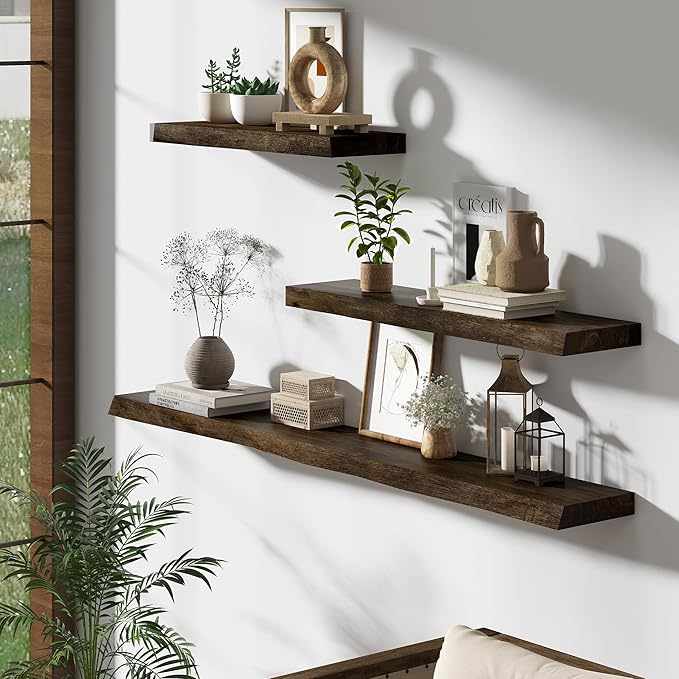 Dreamland 72 inch Floating Shelves for Wall Solid Elm Wood Live Edge Wall Mounted Shelves|Rustic Long Floating Shelves with Invisible Bracket for Bathroom Living Room Kitchen|Walnut, 1 Pack