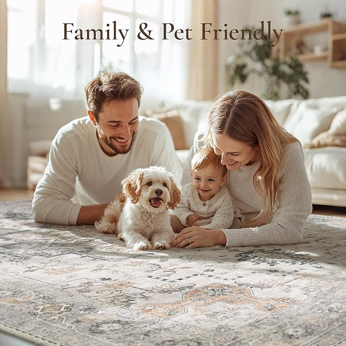 GENIMO 3x14 Runner Rugs for Hallway, Machine Washable Non Slip Vintage Rugs, Low Pile Soft Chenille Print Rug for enrtyway, Corridor, Home Office,Light Taupe Brown