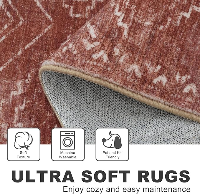 KILOCOCO Boho Kitchen Runner Rug 2x6 Washable Runner Rug, Soft Runners for Hallways Non Slip Printed Distressed Laundry Room Rug, Low-Pile Rug for Entryway/Bedroom/Living Room, Burnt Orange/Red