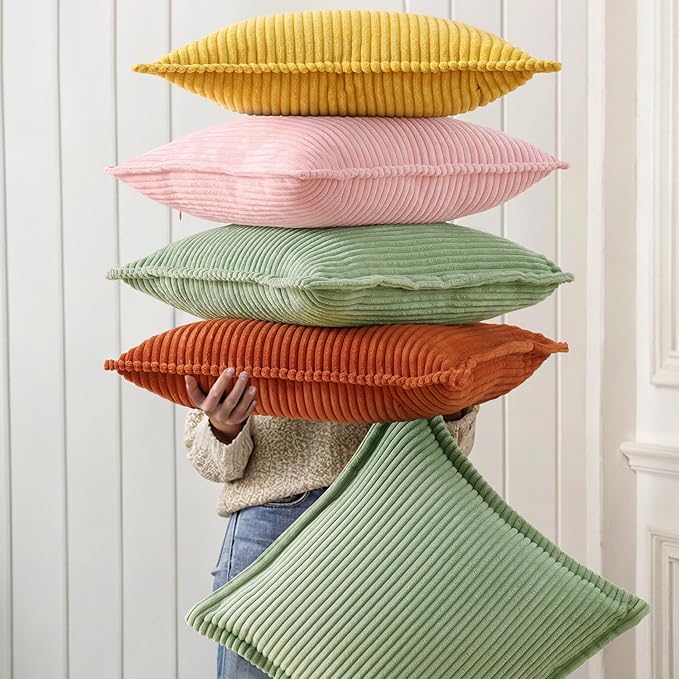 decorUhome Corduroy Pink Throw Pillow Covers 18x18 Set of 2 Decorative Soft Boho Farmhouse Euro Couch Pillow Covers for Living Room Bed Sofa Broadside Striped Pillow Cases
