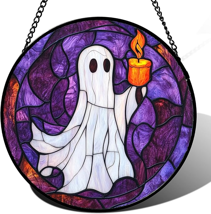 Stained Glass Window Hanging - Halloween Decorations Ghost Suncatcher for Doors Garden Indoor Spooky Funny Purple Sun Catchers Gothic Decor Horror Gifts for Women Men Friend 6.3 in