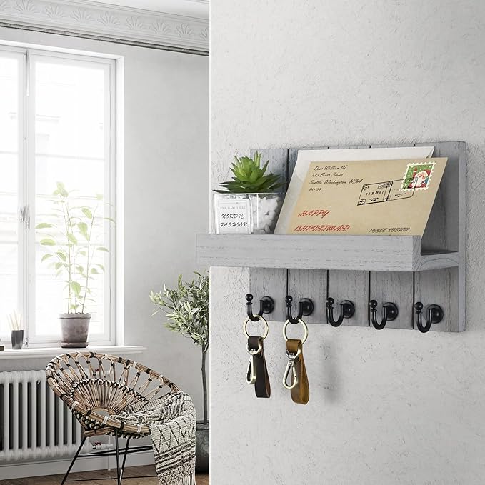 Rebee Vision Decorative Key and Mail Holder for Wall - Modern Key Hooks with Shelf and Mail Organizer Wall Mount for Frmhouse House Decor - Stylish Apartment Essentials (Gray, 3.54"D x 10"W x 7.28"H)