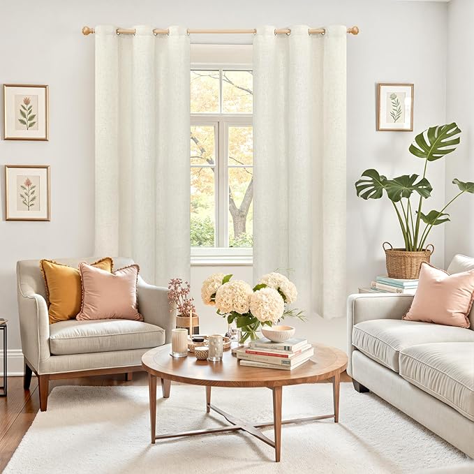 YoungsTex 63 Inch Length Linen Curtains with Grommet for Living Room - Light Filtering Drapes Natural Semi Sheer Rustic Window Treatments for Bedroom, 2 Panels, 42 X 63 Inch