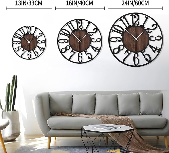 LEIKE Large Wall Clocks,Silent,Non Ticking,Battery Operated Small Vintage Round Modern Wood Wall Clock for Living Room, Bedroom,Kitchen,Farmhouse,Office Decor-13.5 Inch(Black-Arabic Number)