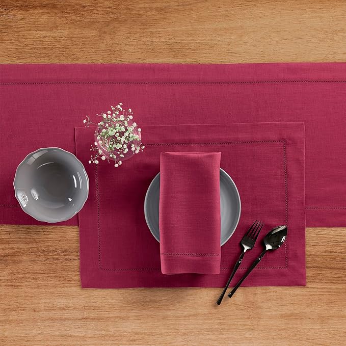 Solino Home Linen Beet Table Runner 108 Inches Long - 100% Pure Linen Hemstitch 14 x 108 Inch Table Runner for Dining, Valentines, Winter, Easter - Classic Hemstitch