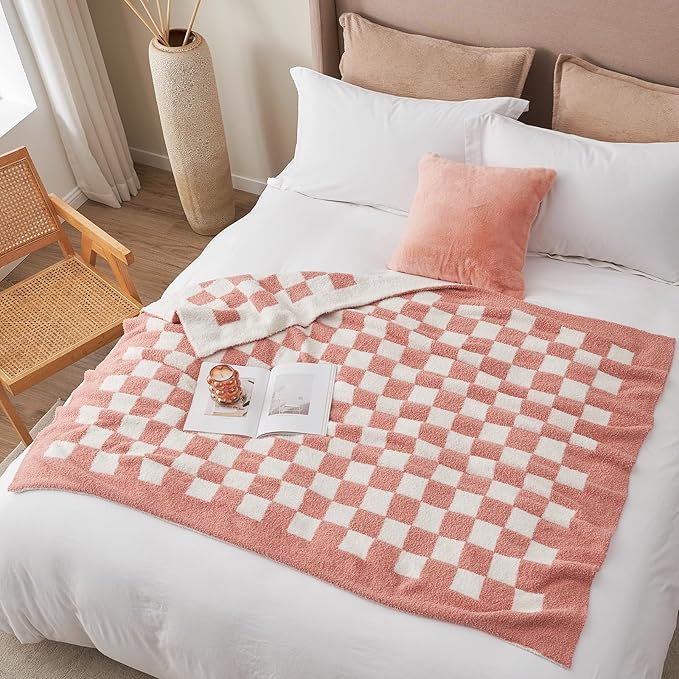 Snuggle Sac Checkered Throw Blanket for Couch, Super Soft, Cozy Warm Knit Blankets, Reversible Plaid Fluffy Throws for Sofa Bed Checkered Pink, 50x60 Inches