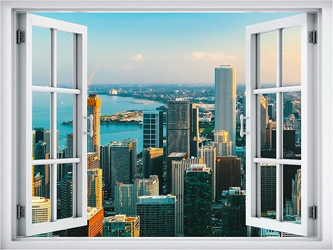 SIGNWIN Removable Wall Sticker/Wall Mural Window View New York City Harbor Skyline Nature Wilderness Photography Decorative Landscape Digital Art for Living Room, Bedroom, Office - 36"x48"
