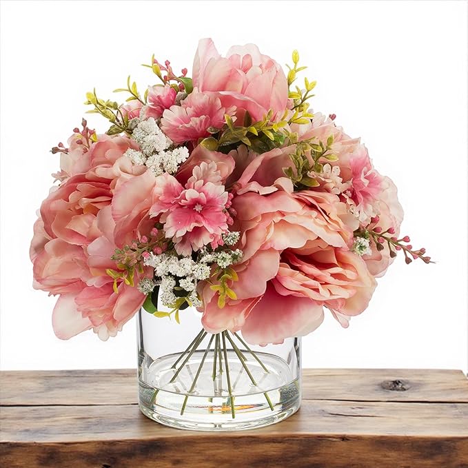 ENOVA FLORAL Artificial Silk Flower Arrangement with Vase,Mixed Artificial Silk Peony Flower in Vase for Decoration Home Office, Wedding Centerpiece (Champagne)