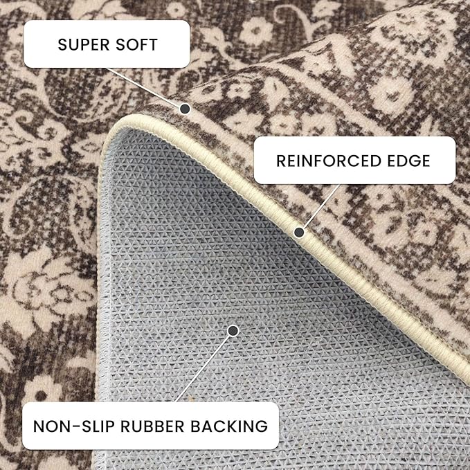Vintage 3x5 Washable Rug for Entryway, Super Soft Rust Brown Red Entryway Rug with Non-Slip, Printed Faux Wool Floral 3x5 Area Rug Thin Floor Carpet for Kitchen, Bedroom, Living Room
