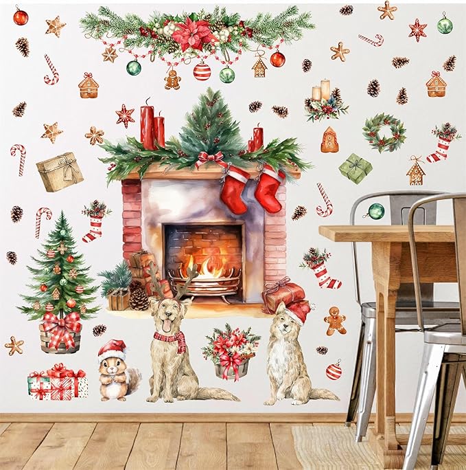 Christmas Wall Decals Merry Christmas Wall Stickers Fireplace Stickers Christmas Pine Tree Decals for Wall Removable Winter Animals Walls Art Decor for Xmas Party Supplies Living Room Home