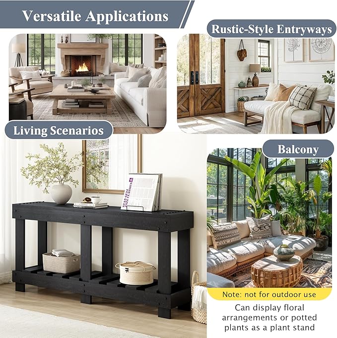 Vintage Entryway Console Table with 6 Legs & Thick Desktop, Solid Cedar Wood Long Accent Table Sofa Table with Metal Rivet Decor& Plank Under-Shelf for Hallway, Living Room (Black-6.3)