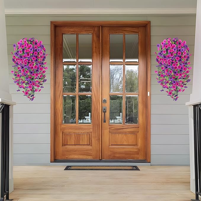 Artificial Hanging Flowers for Outdoor, 2pcs Fake Plants Long Vine Morning Glory Eucalyptus, UV Resistant Realistic Faux Greenery Indoor Outside Patio Porch Garden Spring Summer Decor, Purple
