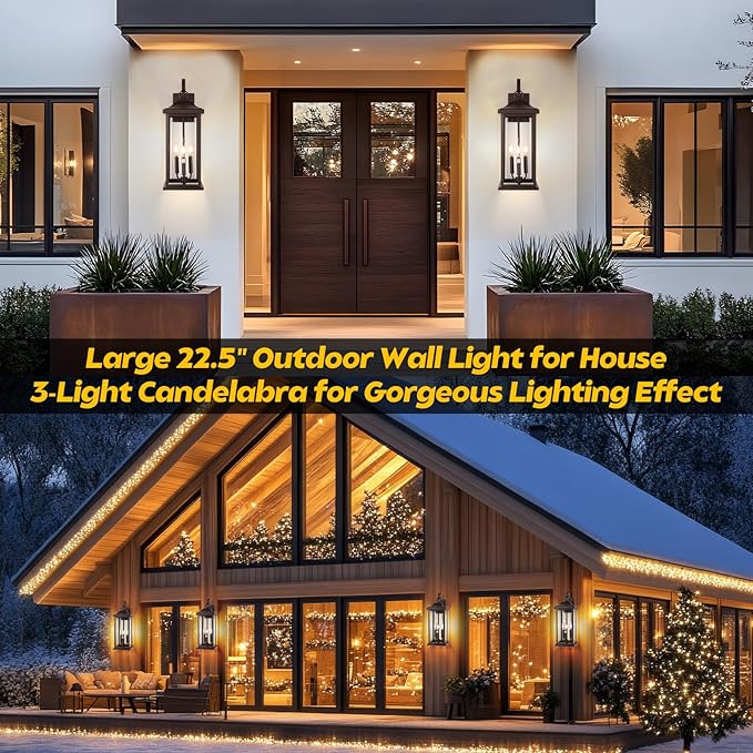 3-Light Extra Large 23” Outdoor Light for House Oil Rubbed Bronze, IP65 Waterproof Brown Exterior Light Fixture with Clear Tempered Glass Outside Wall Mounted Lamp Front Porch Light, E12
