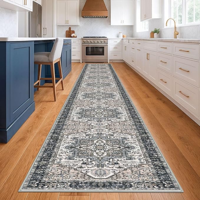 KOZYFLY Runners for Hallways 3x20 Ft Extra Long Faux Wool Washable Thin Hallway Rug Printed Runner Carpet for Entryway Bedroom Stair Kitchen Hall Living Room Decor, Black/Taupe/Beige