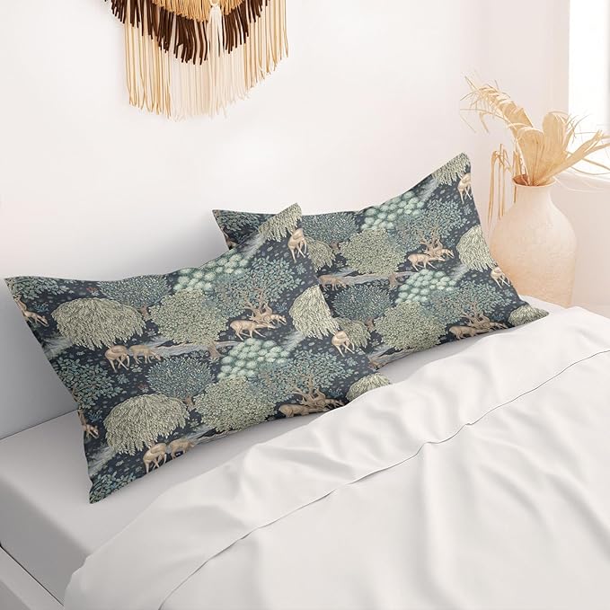 Forest Deer Pillow Protectors with Zipper Standard Size William Morris Pillow Covers Set of 2 Rustic Nature Botanical Pillow Cases Vintage Green Tree Animal Bed Pillow Covers 20"x36"