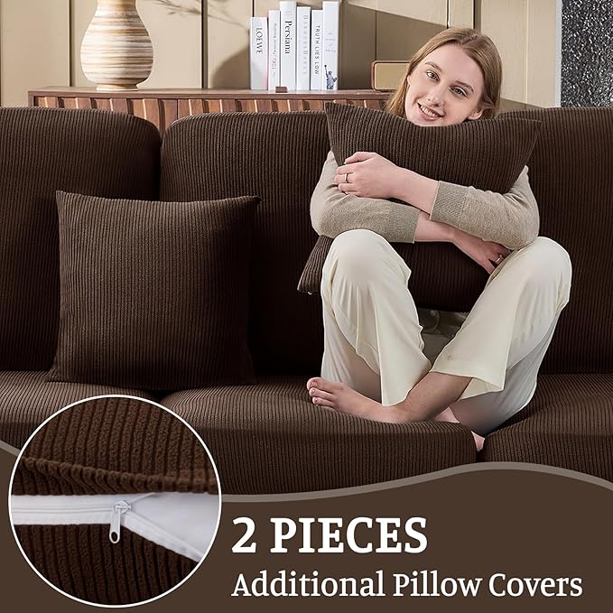 Sectional Couch Covers for Sofa Cushion L Shaped Couch Cover Washable Soft Couch Cushion Covers Stretch Sofa Slipcovers with 2 Pcs Pillowcases(3-Piece 2 Seater + 1 Chaise, Brown)