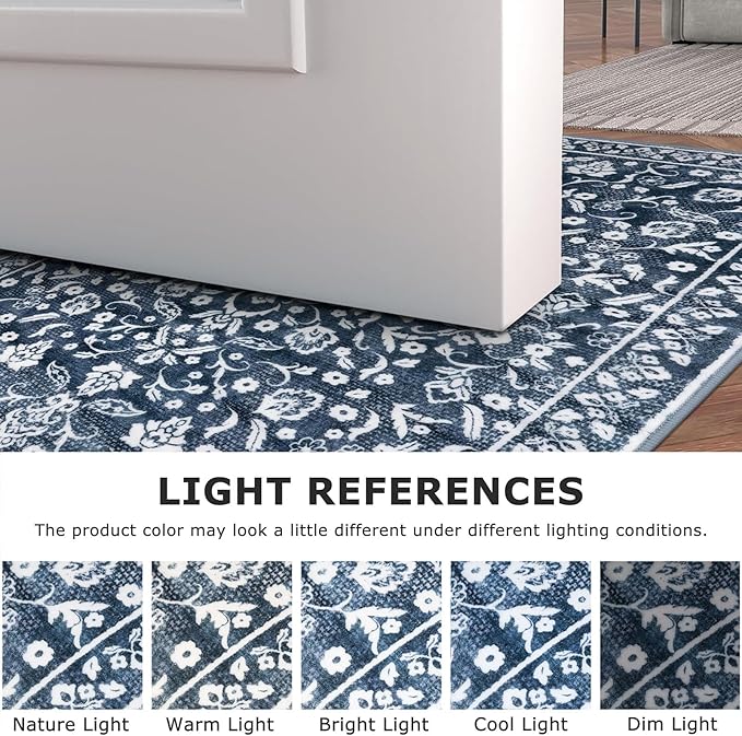 Vintage Washable 2x5 Rug Runner, Navy Runners for hallways, Super Soft Kitchen Runner Rug Non Slip, Print Faux Wool Floral Thin Carpet Runner for Entryway Indoor Bedroom