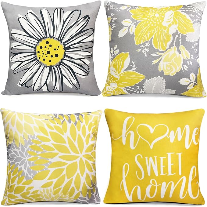 Decorative Throw Pillow Covers Set of 4 Yellow Pillow Covers 16x16 inch Throw Pillow Cases Linen Square Pillow Case,Farmhouse Outdoor Modern Boho Pillow Covers for Couch Sofa Living Room