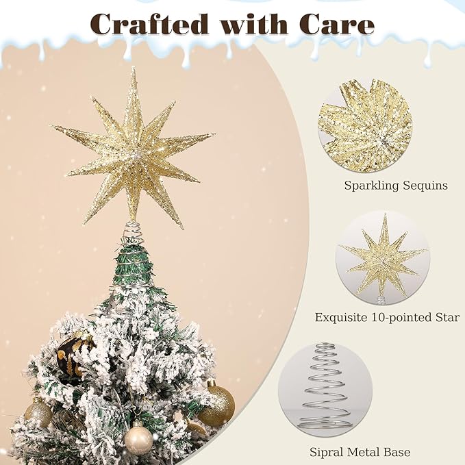 Lewondr Christmas Tree Topper Star, 13 Inch 10-Pointed Light Up Xmas Star Treetop with Plug and Remote Control for Home Christmas Decoration, 6H Timer & 8 Lighting Modes, Warm Light, Gold