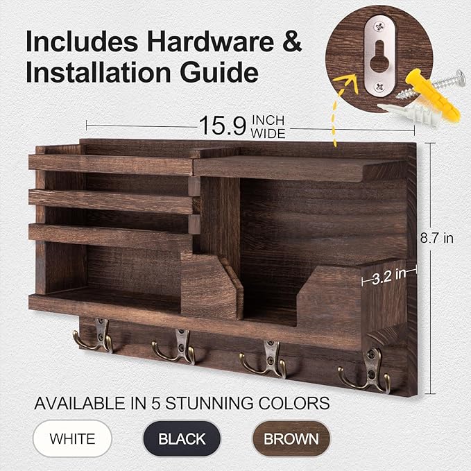 Mail and Key Holder for Wall – Decorative 15.9” x 8.7” x 3.2” Entryway Organizer with Shelf – Paulownia Wood with 4 Dual Hooks Includes Mounting Hardware and Installation Guide