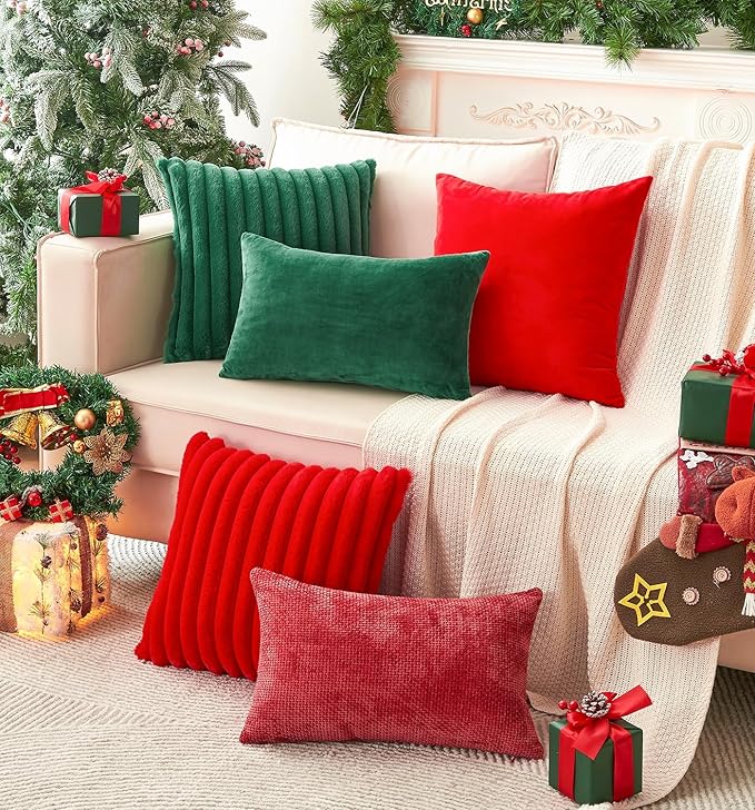 Pack of 2 Christmas Red Pillow Covers 20x20 Inch Decorative Throw Pillow Cover, Velvet Pillowcases for Couch Sofa Bed, Home Boho Decor, Modern Soft Cushion Covers