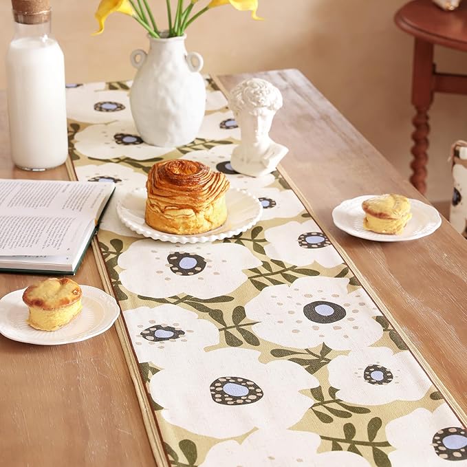 Rectangle White Flower Table Runner 71 Inches Long,Vintage Rustic Farmhouse Linen Floral Table Runners,Fall Decorations for Home Thanksgiving Christmas Party.12*71" -Hidaka