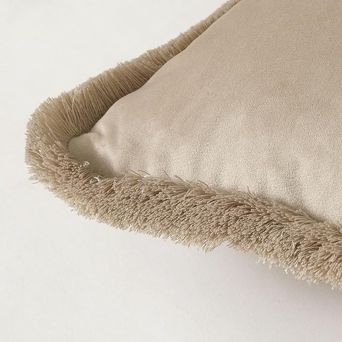 JUSPURBET Pack of 2 Champagne Decorative Fringe Velvet Throw Pillow Covers 18x18 for Home Decor Living Room Bedroom Car Boho Soft Cushion Cover with Hidden Zipper Machine Washable