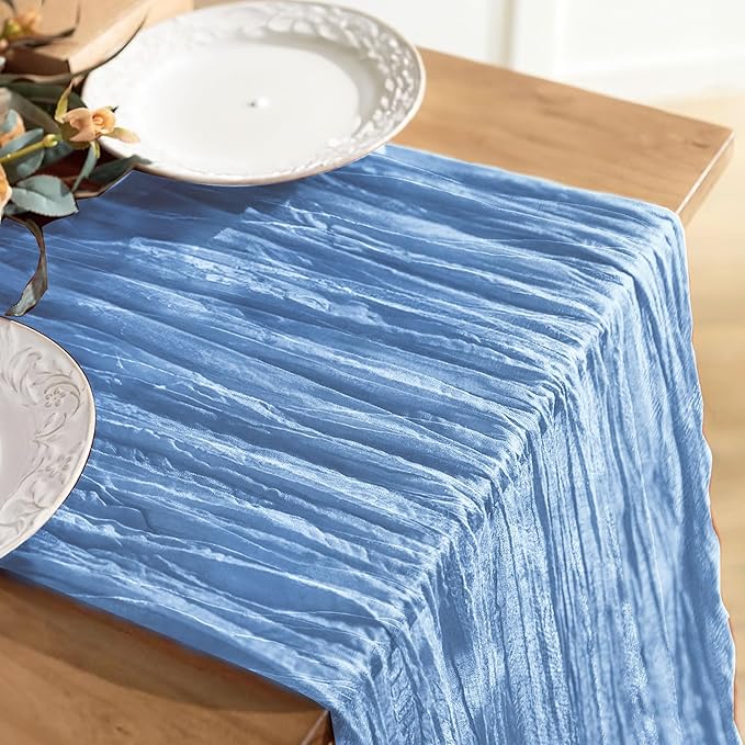 JOYIT 4 Pack Blue Cheesecloth Table Runner 35" x 120" – Boho Table Runner Set for Wedding, Birthday, and Party Decor, Romantic Gauze Table Runner for Rustic and Elegant Tablescapes (Light Blue)