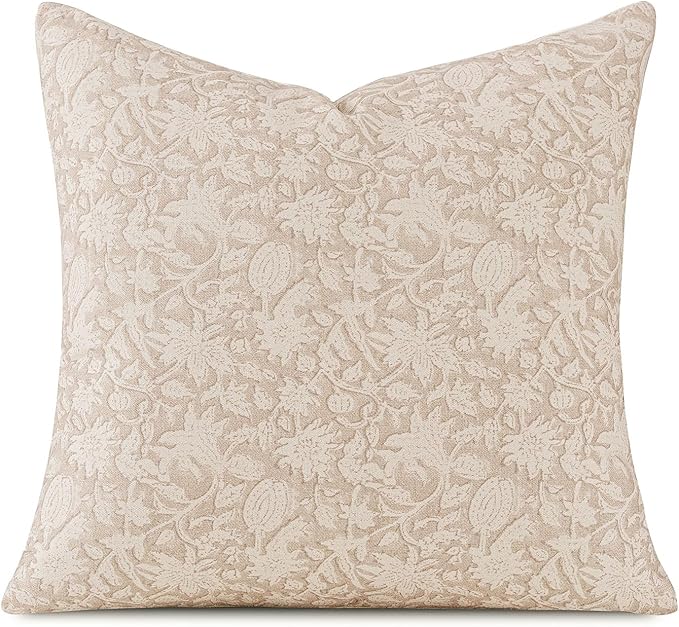 Amor Virisso Throw Pillow Covers 20x20 Floral Pillow Covers Block Print Farmhouse Neutral Pillow Covers Decorative Accent Throw Pillows for Couch Bed Living Room Sofa Pillows 1PC, Cream Oatmeal