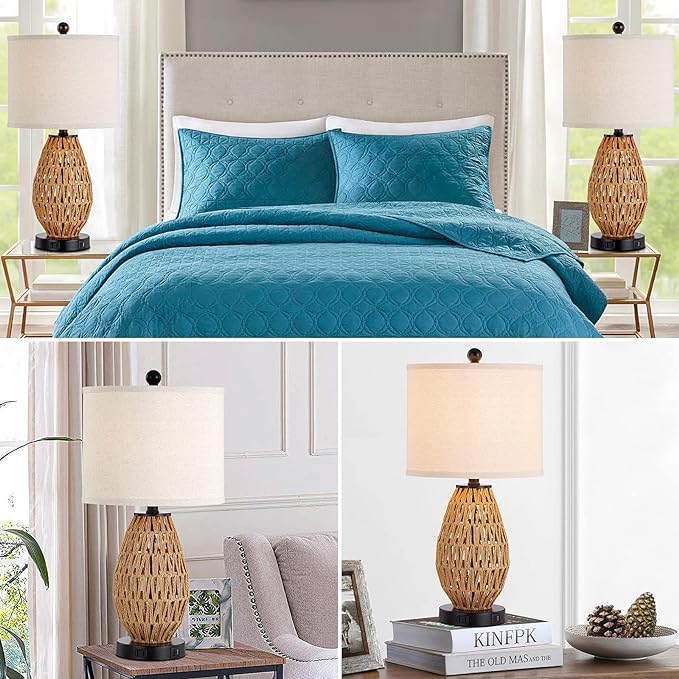 Touch Control Rattan Table Lamps, 3 Way Dimmable Bedside Lamps for Bedroom Set of 2 with 2 USB Ports and AC Outlet, Wicker Nightstand Lamps for Living Room (LED Bulbs Included), Rattan