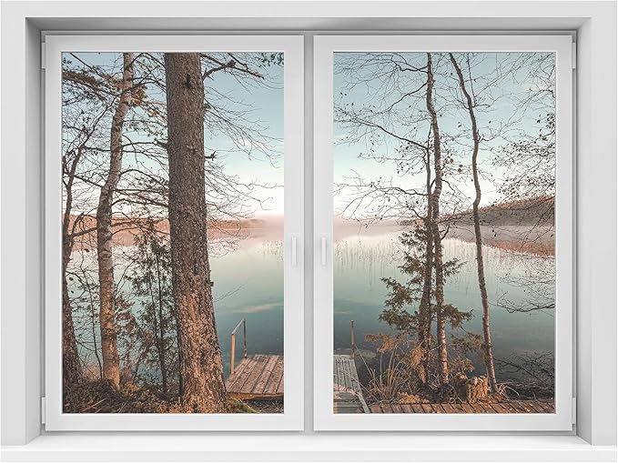 SIGNWIN Removable Wall Sticker/Wall Mural Window Tranquil Water Scene with Wooden Dock Photography Realism Decorative Landscape Digital Art for Living Room, Bedroom, Office - 36"x48"