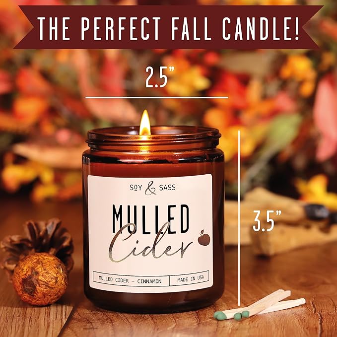 Mulled Cider Candle, Fall Candles I Apple Cider Candle w/Cinnamon & Nutmeg - Infused w/Essential Oils I Mulled Cider Fall Scented Candles (Soy) for Home I 9oz Reusable Jar I 50Hr Burn I Made in USA
